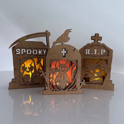 Cat & Raven Tombstone Candle Holder - Halloween Lantern  - LaserCutano - 005