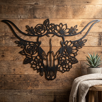 Floral Bull Skull Laser SVG | Boho Cow Skull SVG  - HappyDesignStudio - 003