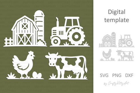 Farm Laser Paper cutting SVG: Barn, Tractor, Chicken, Cow Farm Laser Paper cutting SVG: Barn, Tractor, Chicken, Cow - CraftyKittyArt - 001