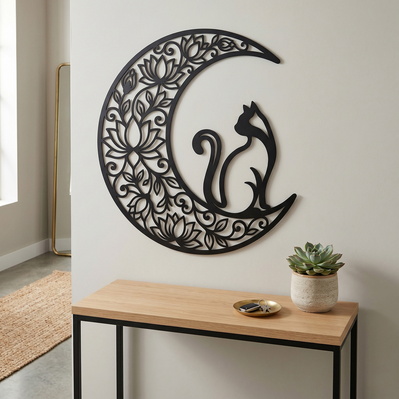 Moon Cat Laser SVG | Floral Crescent Moon Cat Cut File - HappyDesignStudio - 004