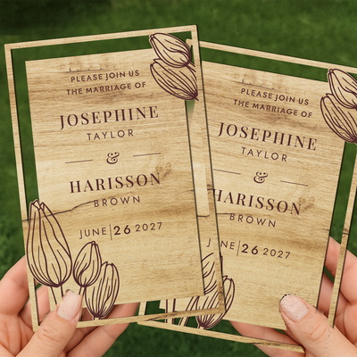 木質婚禮請柬，婚禮卡模板 - LaserCutano - 001