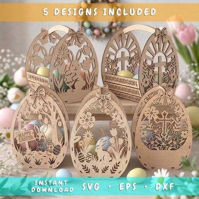 Easter Basket Laser SVG Bundle, 5 Laser Cut Easter Baskets - HappyDesignStudio - 001