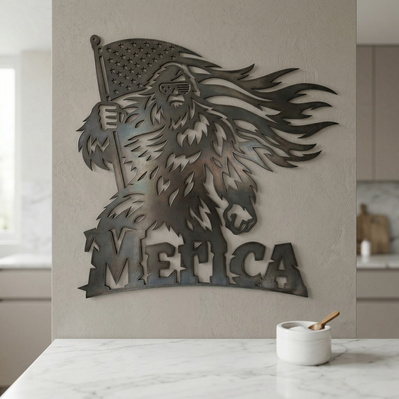 Patriotic Bigfoot Laser SVG, Merica Sasquatch Metal Wall Art - HappyDesignStudio - 003