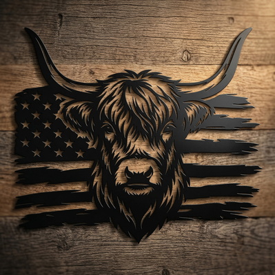 Patriotic Highland Cow SVG | American Flag Metal Wall Art - HappyDesignStudio - 002