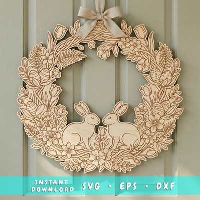 Easter Bunny Wreath Laser SVG, Spring Door Hanger Laser Cut  - HappyDesignStudio - 001