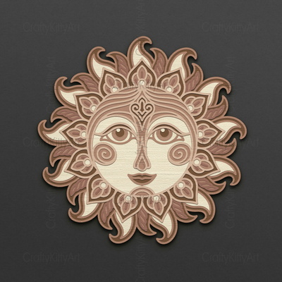 Sun Face, Mandala Boho Sun, 3D layered SVG DXF PNG files - CraftyKittyArt - 001