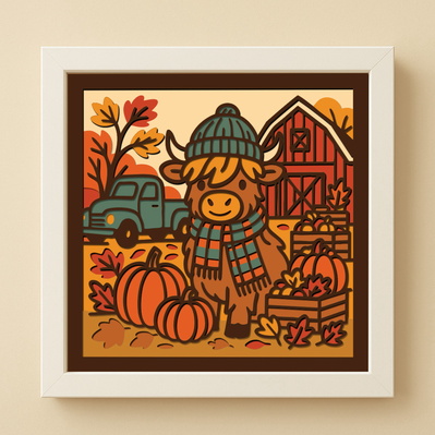 3D Highland Cow Fall Shadow Box SVG, Autumn Farm Scene SVG - HappyDesignStudio - 002
