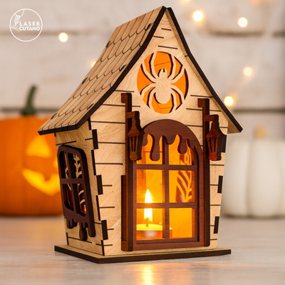 Halloween Night Light & Spooky Decor - Witch's Hut Lantern - LaserCutano - 001