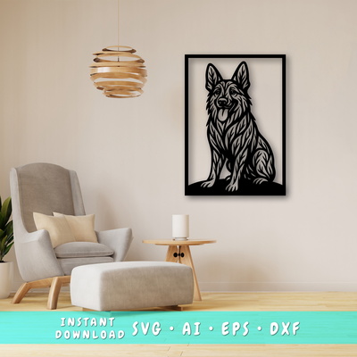 German Shepherd Laser SVG, Cute Dog Laser Cut, Pet Lover SVG - HappyDesignStudio - 001