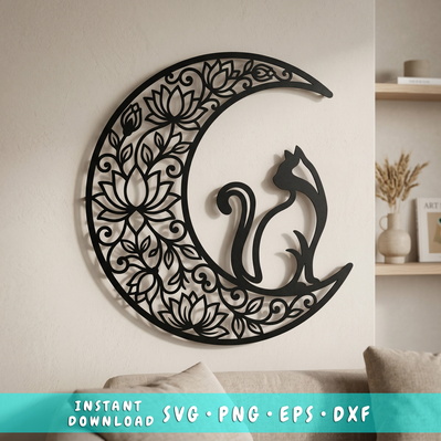 Moon Cat Laser SVG | Floral Crescent Moon Cat Cut File