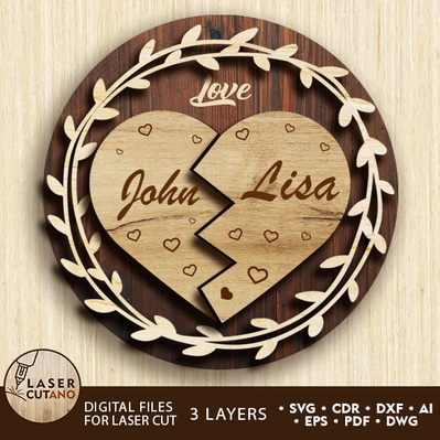 Heart Multilayer Wall Art Love Gift Name Custom Wedding  - LaserCutano - 001