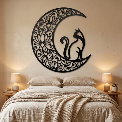 Moon Cat Laser SVG | Floral Crescent Moon Cat Cut File - HappyDesignStudio - 003
