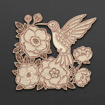 蜂鳥，海葵花，3d 分層 svg dxf png 文件 - CraftyKittyArt - 001