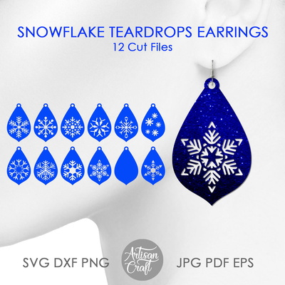Snowflake earrings SVG, teardrop earrings, Christmas earring