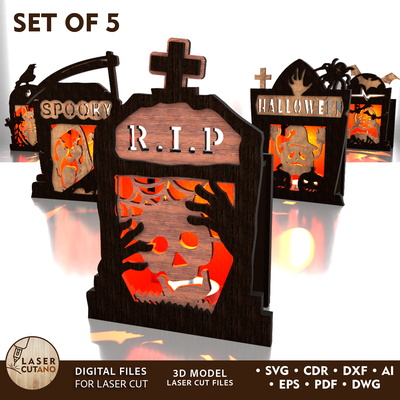 萬聖節墓碑燭台 - 幽靈燈籠模板 - LaserCutano - 003