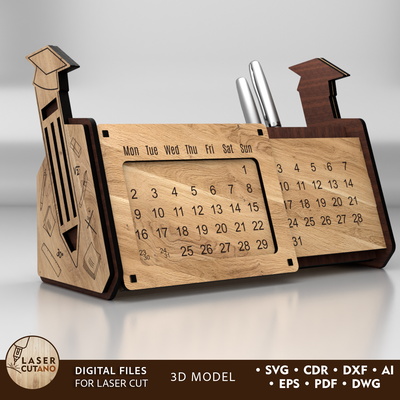 帶有萬年曆和筆筒的桌面收納盒 - LaserCutano - 001