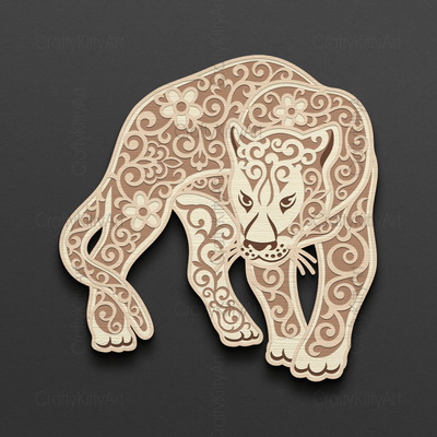 豹，花卉野貓，3d 分層 svg dxf png 文件 - CraftyKittyArt - 001
