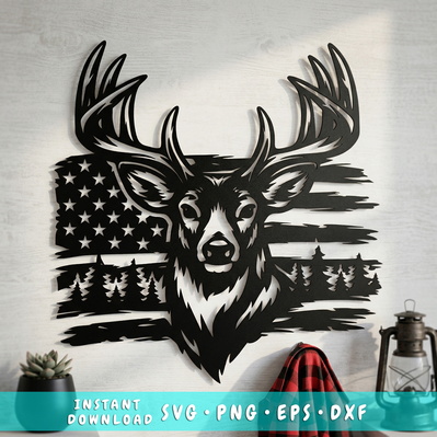 Deer and American Flag SVG | Buck Head Metal Wall Art - HappyDesignStudio - 001