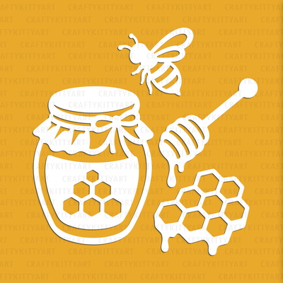 Honey Laser Paper cutting SVG: Bee, Jar, Honeycomb, Dipper - CraftyKittyArt - 001