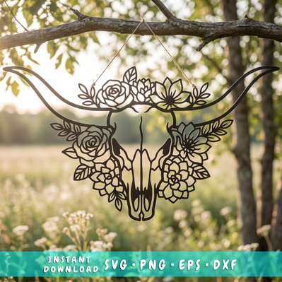 Floral Bull Skull Laser SVG | Boho Cow Skull SVG  - HappyDesignStudio - 001