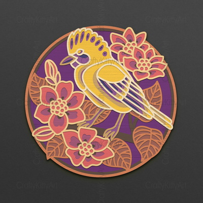 春鳥，花卉圓形標誌，3d分層svg dxf png文件 - CraftyKittyArt - 001