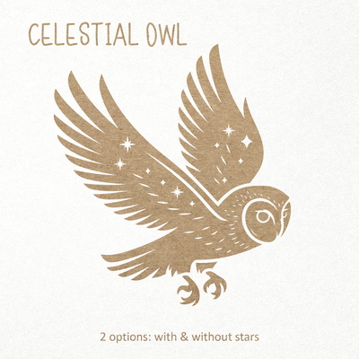 天貓頭鷹 svg。貓頭鷹與星星。魔法穀倉貓頭鷹飛行 - CraftyKittyArt - 001