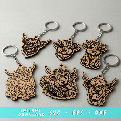 Highland Cow Keychain SVG Bundle, Cute Cow Laser Cut Files