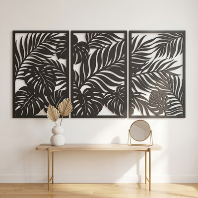 Tropical Leaf Wall Art Laser SVG | 3 Panel Metal Wall Art - HappyDesignStudio - 005