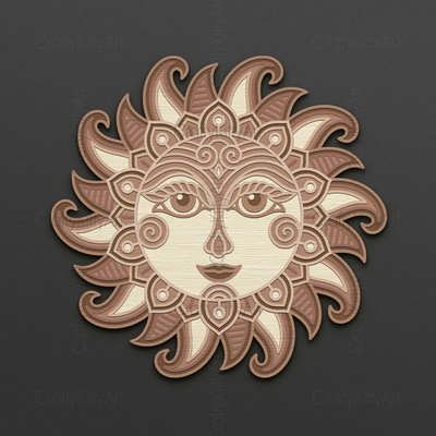Sun Face, Mandala Boho Sun, 3D layered SVG DXF PNG files - CraftyKittyArt - 001