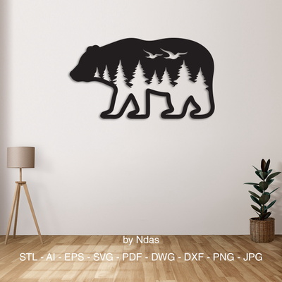 熊與森林和鳥牆裝飾 - Ndas - 002