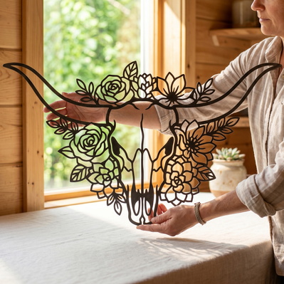 Floral Bull Skull Laser SVG | Boho Cow Skull SVG  - HappyDesignStudio - 002