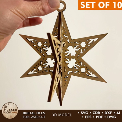 Set of 10 Christmas Star Ornaments, Christmas Tree Decor