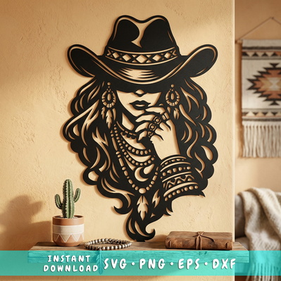 Boho Cowgirl Laser SVG | Western Woman Wall Art - HappyDesignStudio - 001